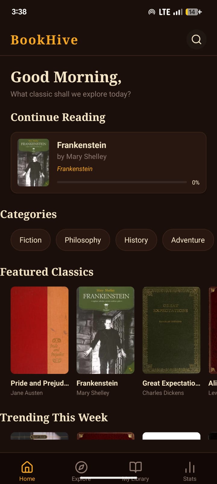 BookHive home screen with curated classic books and reading categories