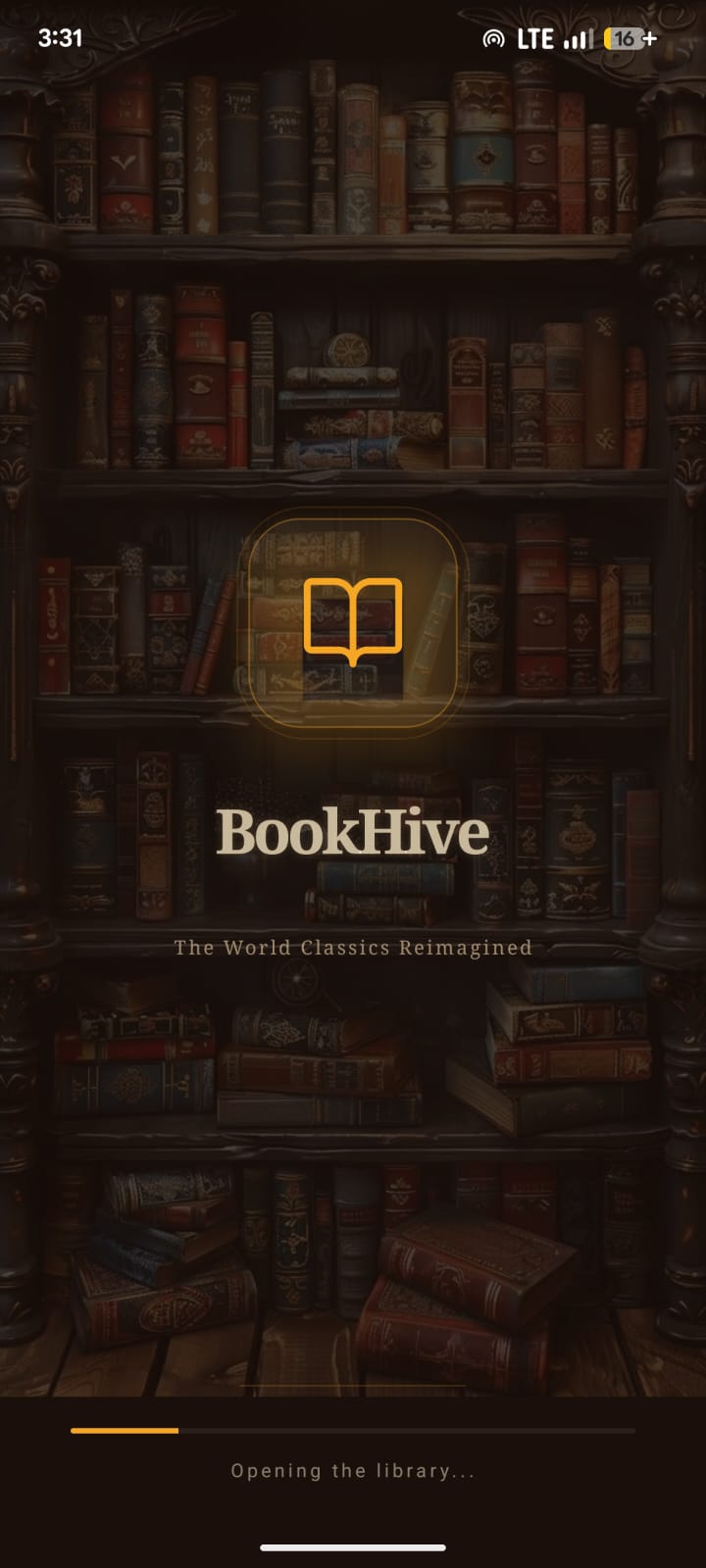 BookHive app welcome screen showing classic book library for Android